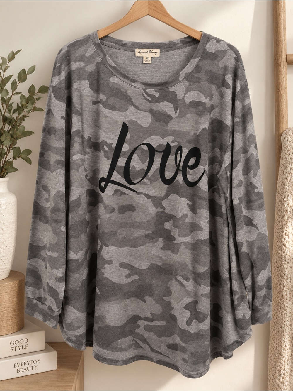 Gray Camo Love Graphic Long Sleeve Tunic Top Plus Size 2x